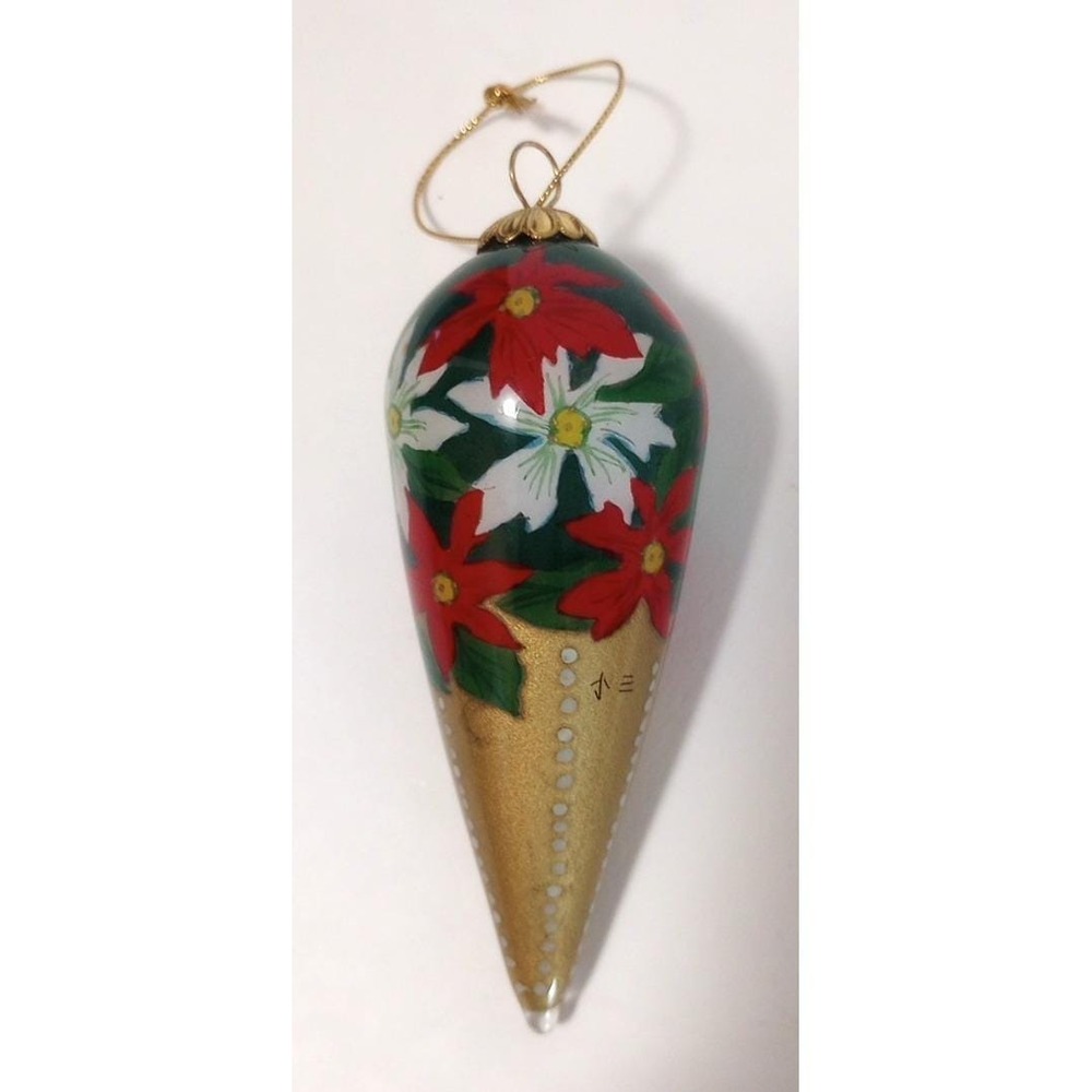 Vintage Hand Blown Glass Ornament Inverted Hand Painted Poinsettia Marked